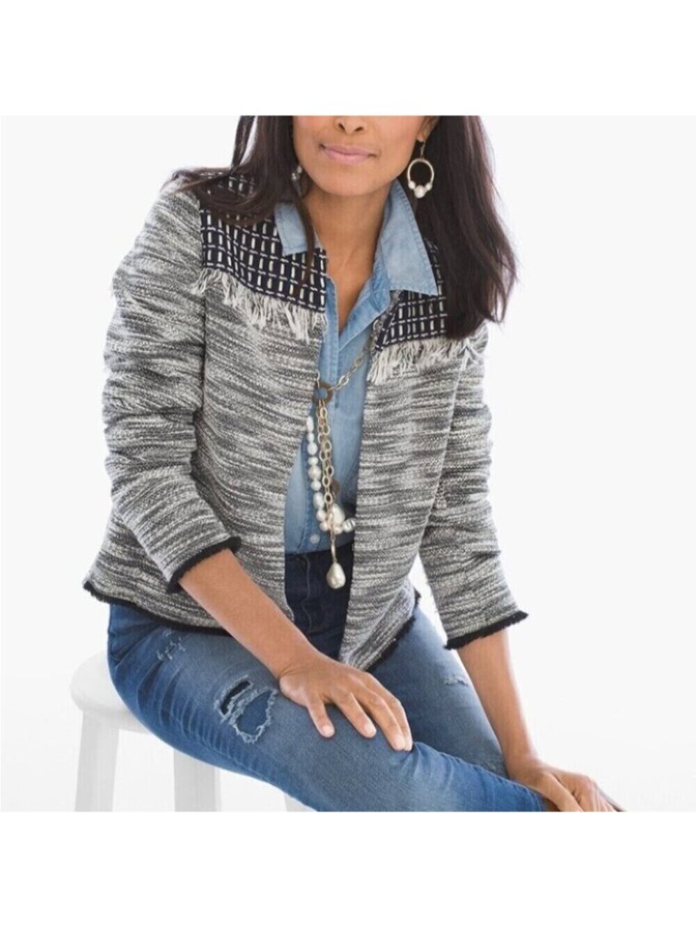 Chico's Blue and White Pieced Detail Textured Jacket